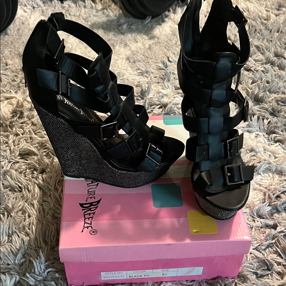 Nature Breeze Black Strappy Glitter Wedge Sandals